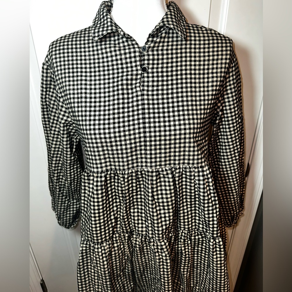 Zara Black Cream Gingham Tiered Babydoll Blouse Women’s 13/14 - Picture 4 of 10